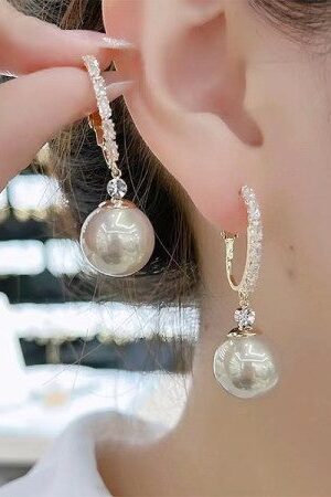 Golden Pearl Drop Hoop Earrings -140