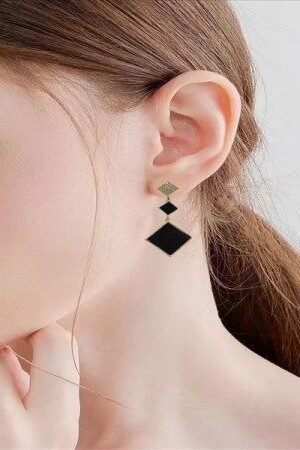Black Enamel Geometric Drop Earrings -146